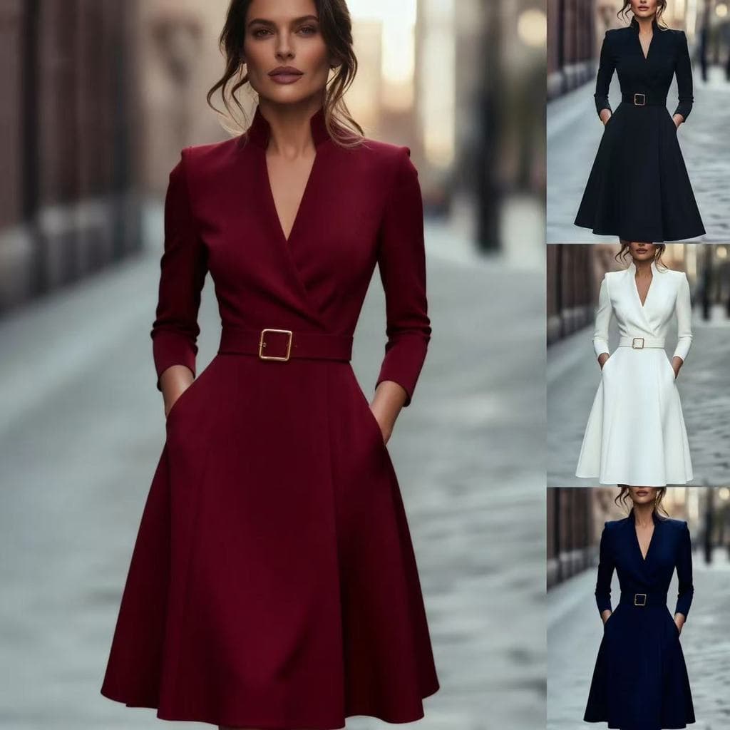 2026 comércio exterior cor sólida cintura estreita com decote em V grande balanço manga longa outono inverno vestido rou