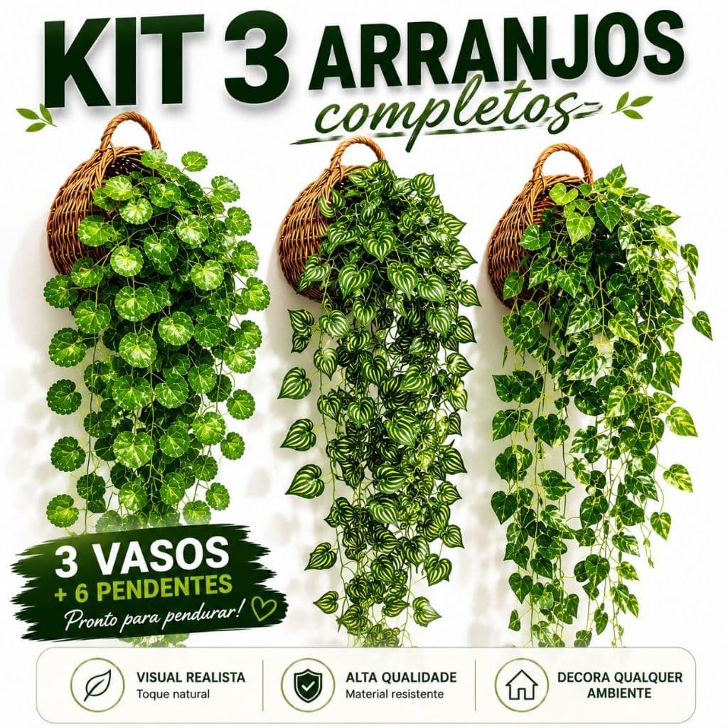 Arranjo Artificial Kit 3 Vasinhos + 6 Cordões Pendentes de Folhagem