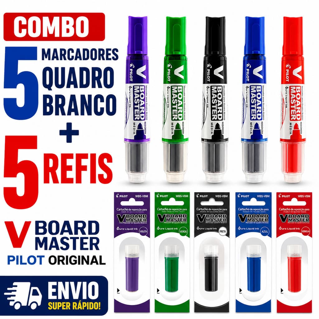 Kit 5 Marcadores Quadro Branco Pilot V-Board Master Recarregável + 5 Refis Original Pincel Atômico