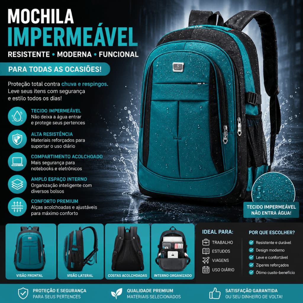 【Oferta Relâmpago da Loja】Mochila Masculina Impermeável Faculdade Resistente Grande Pronta entrega