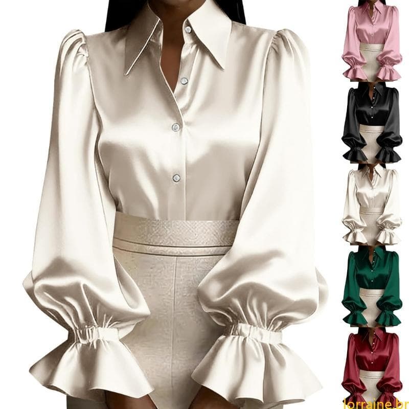 lORI Blusa Feminina Cetim E Botão Frontal, Bufante, Babados, Punho Flare, Elegante, Escritório,