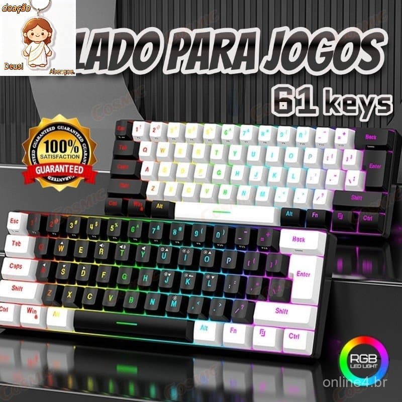Teclado para jogos com fio 61-Key RGB Backlight Mini Compact USB-C Cabo de alimentação plugável Teclado de escritório-CO