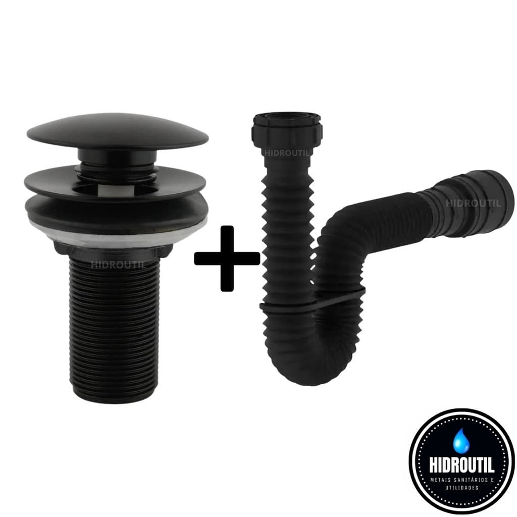 Kit Válvula Click Preta Lavatório Cuba Sifão Sanfonado Universal Extensivo Preto