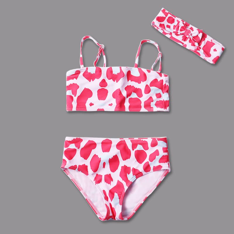 Comércio exterior meninas dividir maiô conjunto de três peças rosa branco leopardo impressão tubo estilo superior cintur