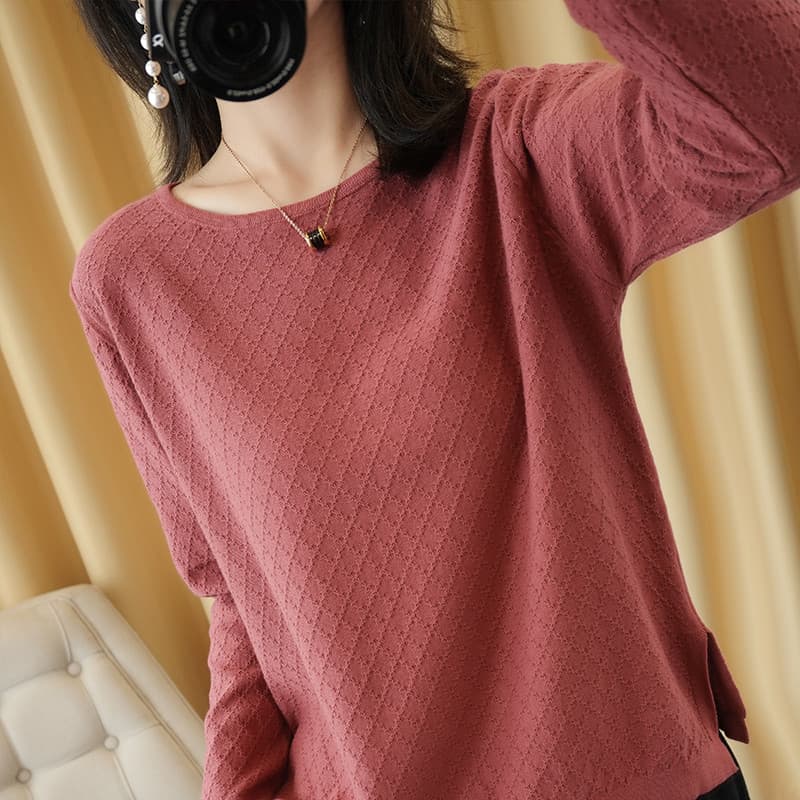 Início do outono novo estilo 100% algodão malhas feminino camisola fina oco fenda exterior usar em torno do pescoço solt