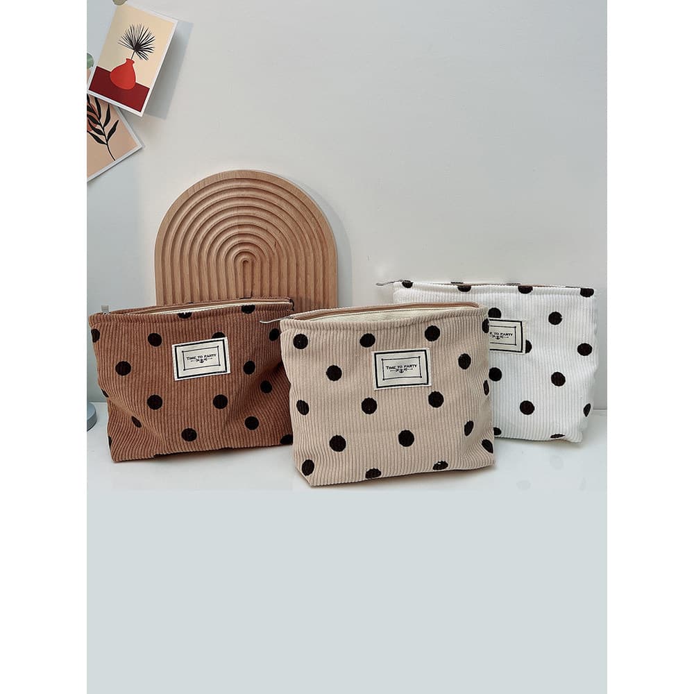 Bolsa cosmética retrô de veludo com bolinhas, bolsa cosmética portátil feminina, grande capacidade, armazenamento de cos