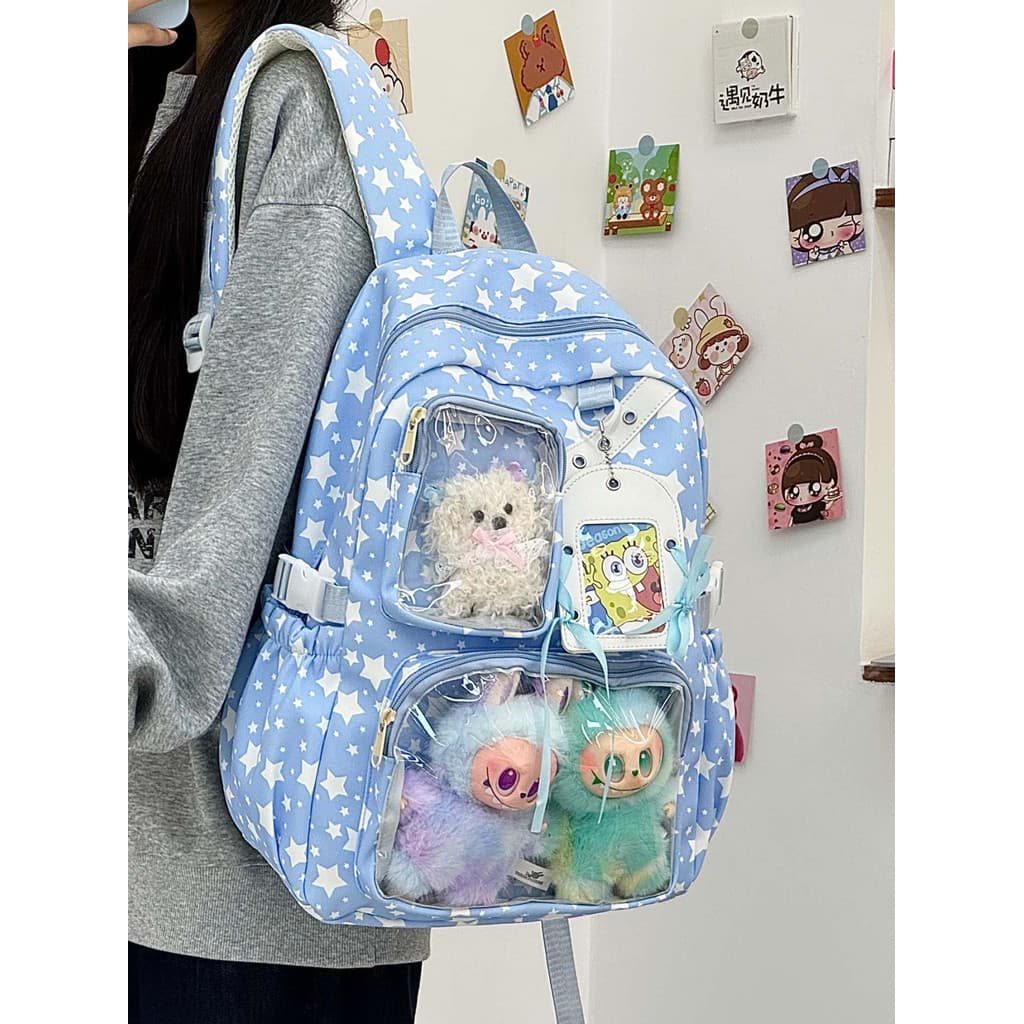 Mochila bidimensional transparente com camada de dor, bolso frontal, grande capacidade, todos os dias, estilo fofo, esco