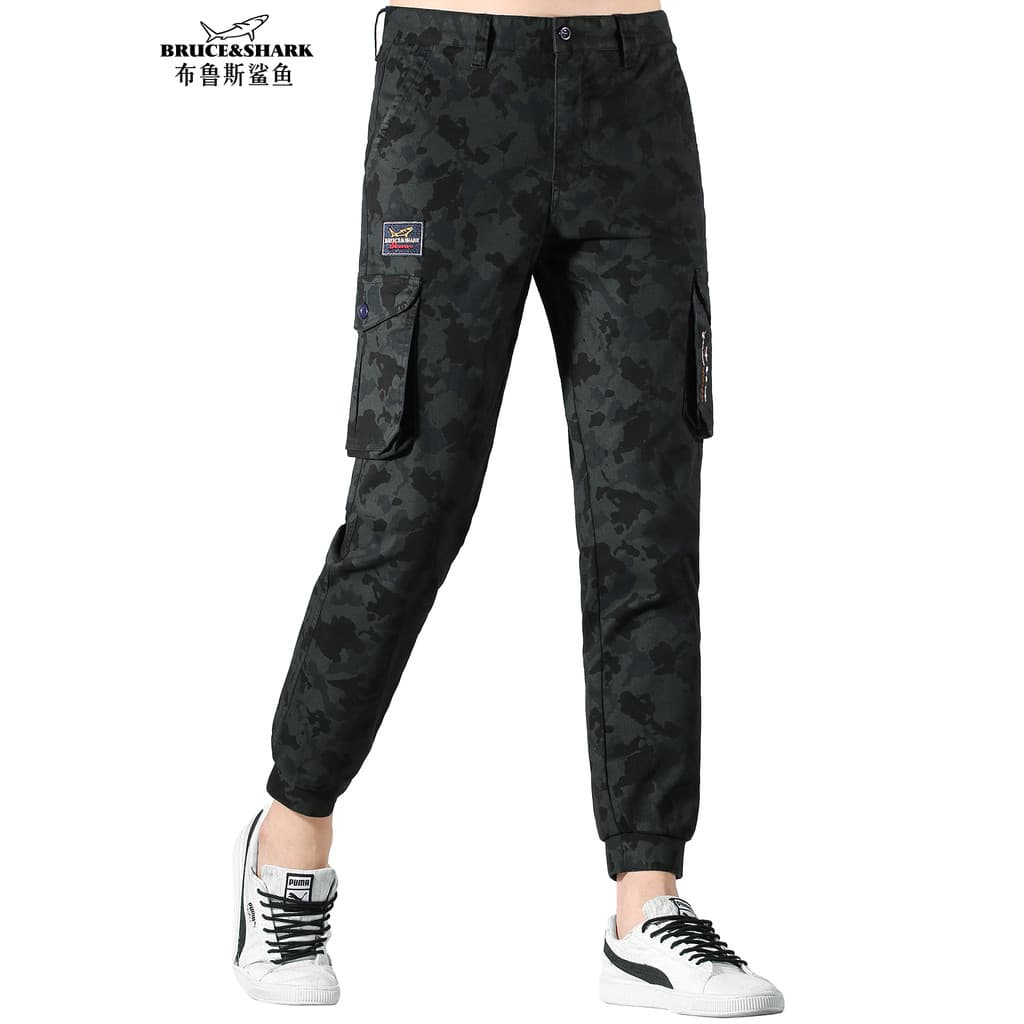 Primavera outono masculino grosso tornozelo-pernas pés pequenos calças camufladas Bruce Shark Street Wear tamanho grande