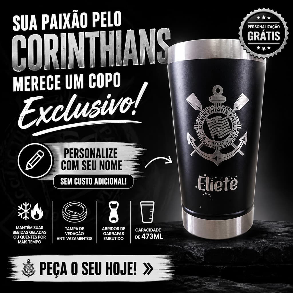 Copo Do Corinthians personalizado Preto Térmico C/tampa E Abridor473ml