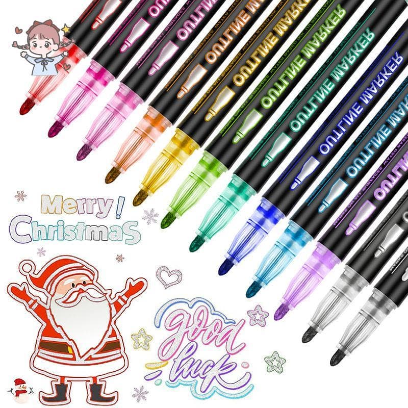 Conjunto De Canetas Marcadoras De Contorno De Linha Dupla De 24 Cores , Marcadores Metálicos Dream Glitter De Desenho Co