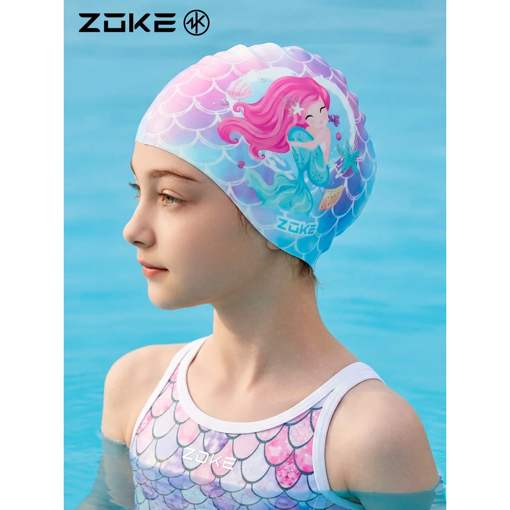 Zoke touca de natação de Silicone para crianças, sereia, à prova d'água, proteção para os ouvidos, sem faixa de cabeça,