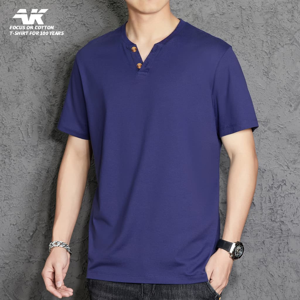 Novo estilo Street Wear puro algodão com decote em V botão de manga curta camiseta masculina verão camisa de fundo roupa