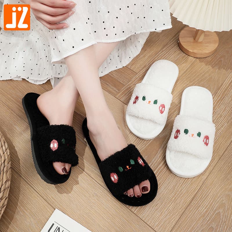 Bonito bordado gato abertura moda simples primavera outono quarto antiderrapante dedo do pé aberto casal chinelos peludo