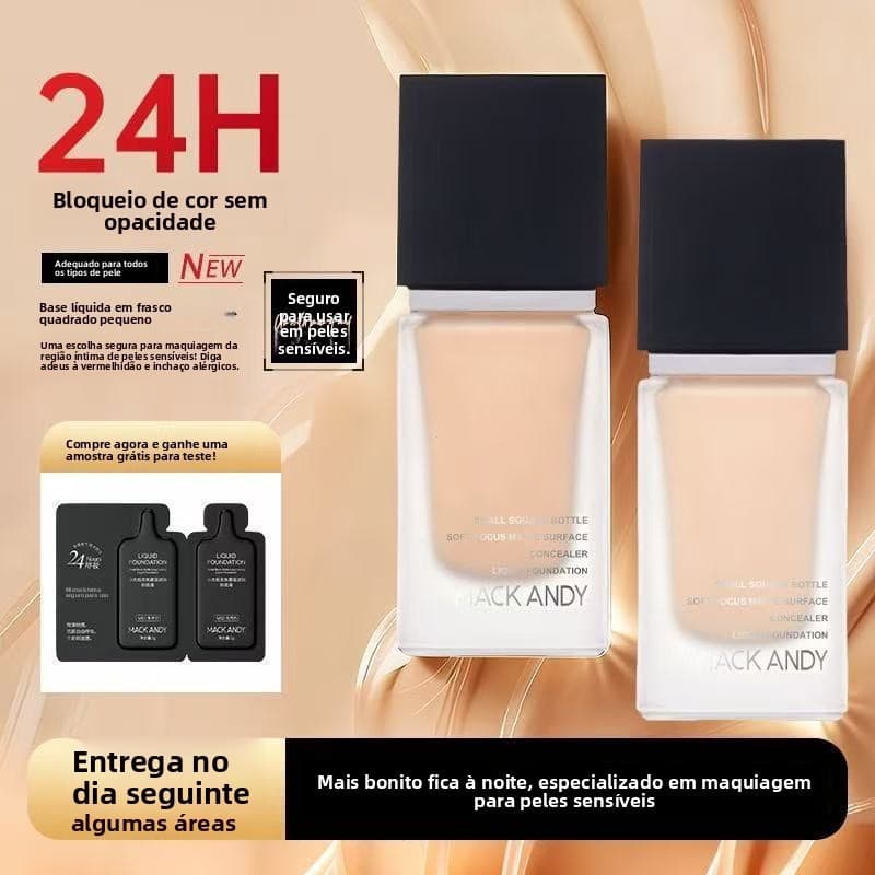 O corretivo de base matte do Marco Andy tem um efeito de foco suave, vem em um pequeno frasco quadrado e possui uma text