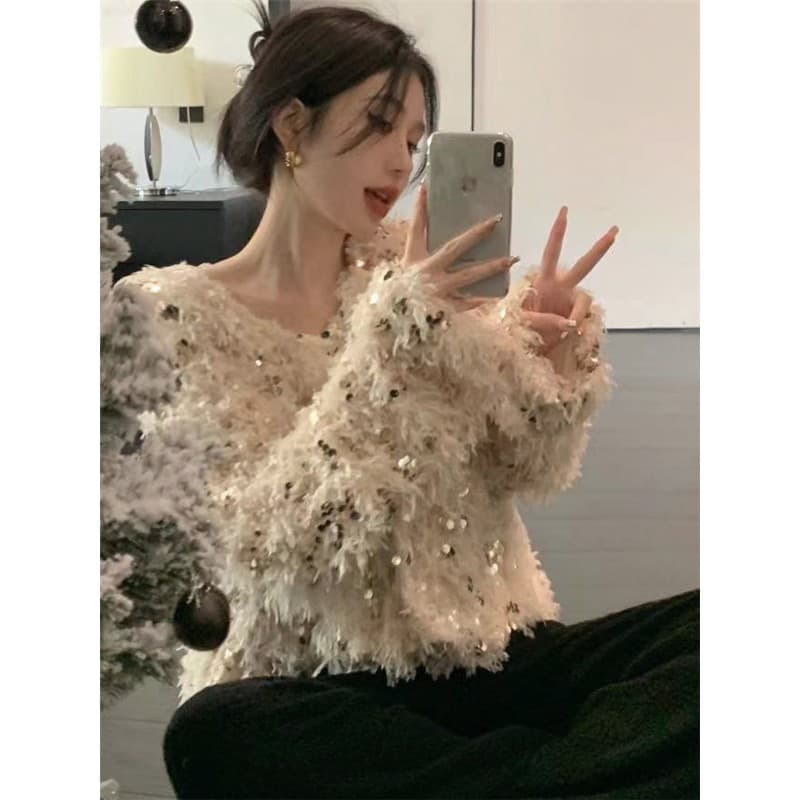 Indústria pesada borla lantejoulas com decote em V camisa feminina primavera outono moda nicho Design All-Match mais mag
