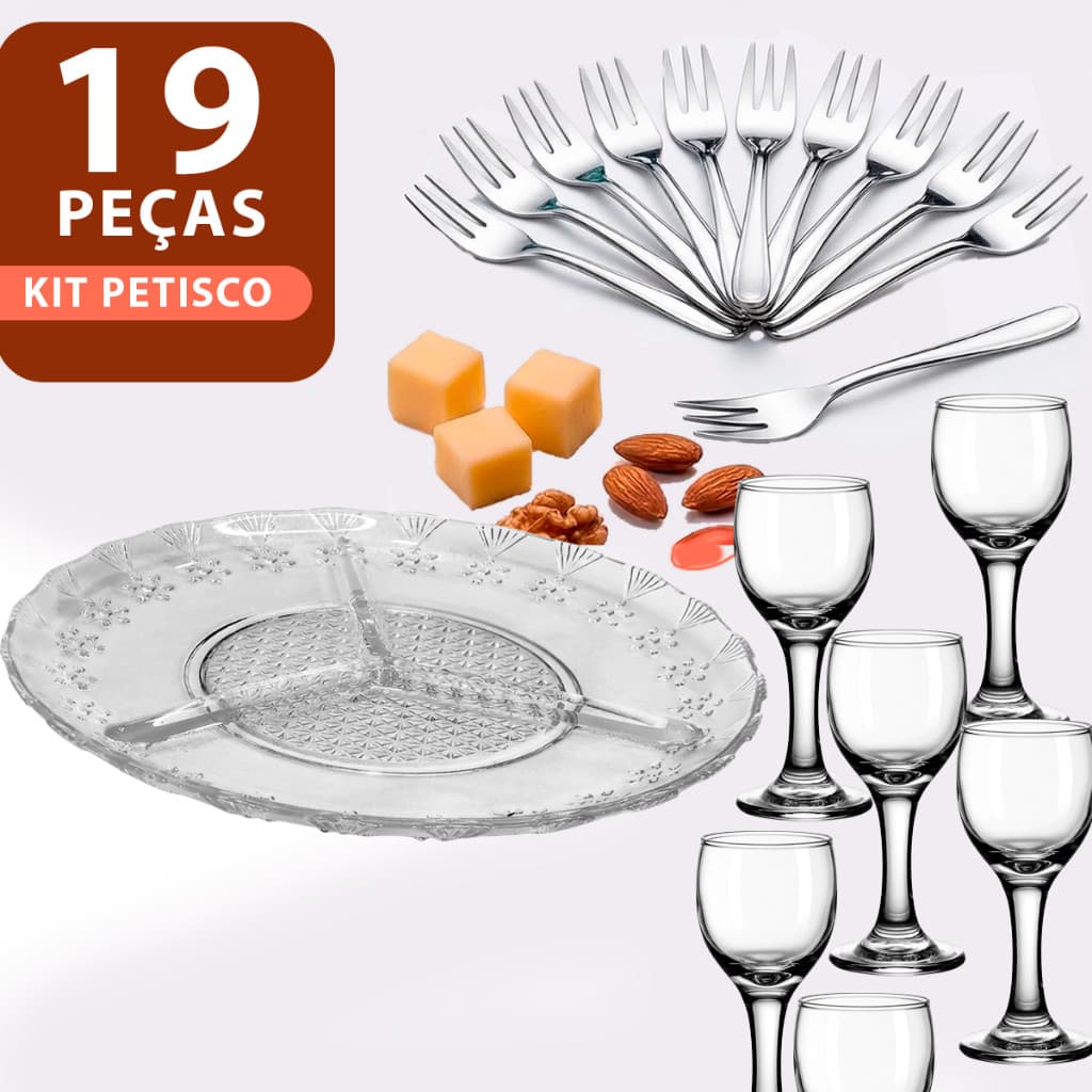 Kit jogo de Petisco 19 peças sendo: 1 Petisqueira de vidro + 12 Garfinhos + 6 Taça de licor de vidro