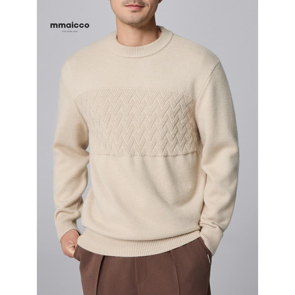 Momaike Suéter masculino com textura Jacquard, gola redonda, pulôver masculino de inverno 2024, suéter Base Casual