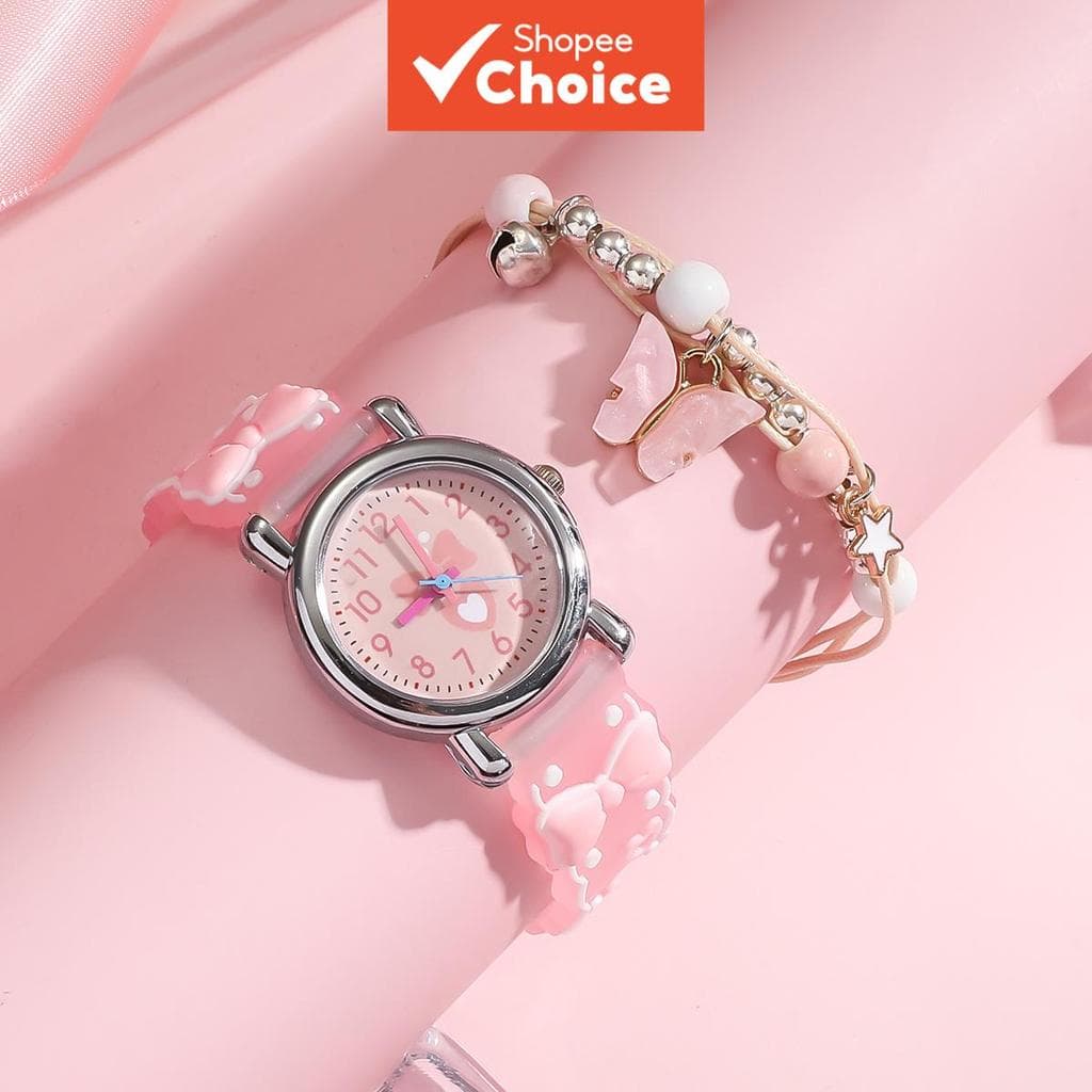 Conjunto De Relógio digital E Pulseira Infantil Com Laço De Quartzo Para Meninas , Presente Fofo De Desenho Animado Rosa