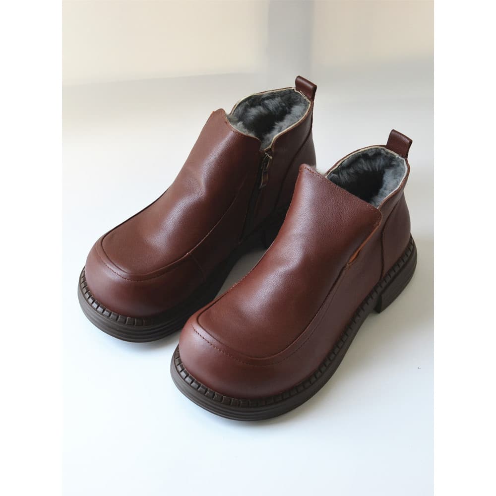 Botas curtas de lã completa de couro genuíno de cano alto e botas nuas comércio exterior sapatos mãe com zíper lateral s