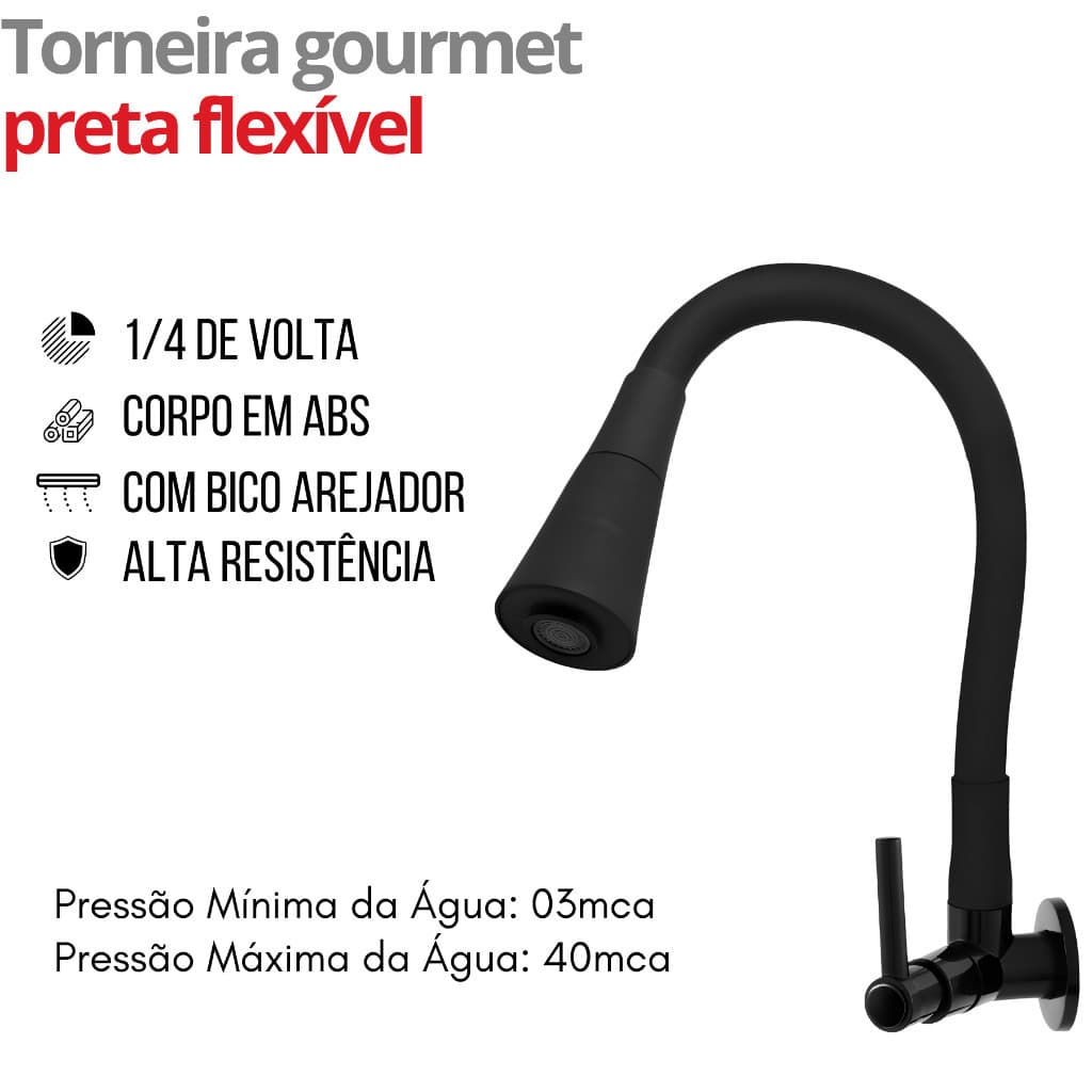 Torneira De Parede Preta Cozinha Flexível Duplo Jato Cone 1/4 Volta Moderna Econômica