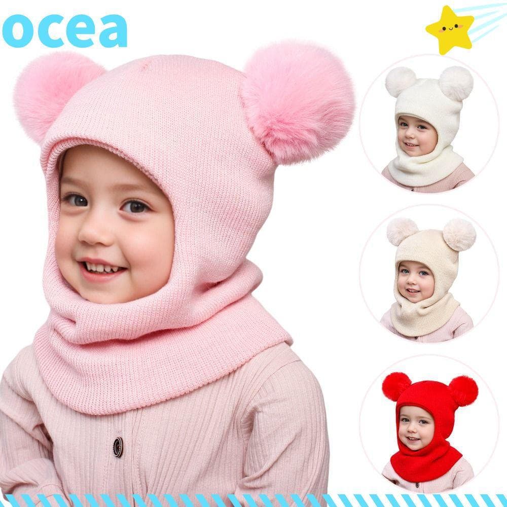 Gorro de peça única OCEA, gorros infantis com duas bolas, gorro de lã com pompom para meninos e meninas 9PCA