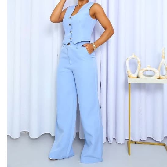 Conjunto Feminino Alfaiataria Colete e Calça Pantalona Elegante Look Social Moda Executiva Tendência