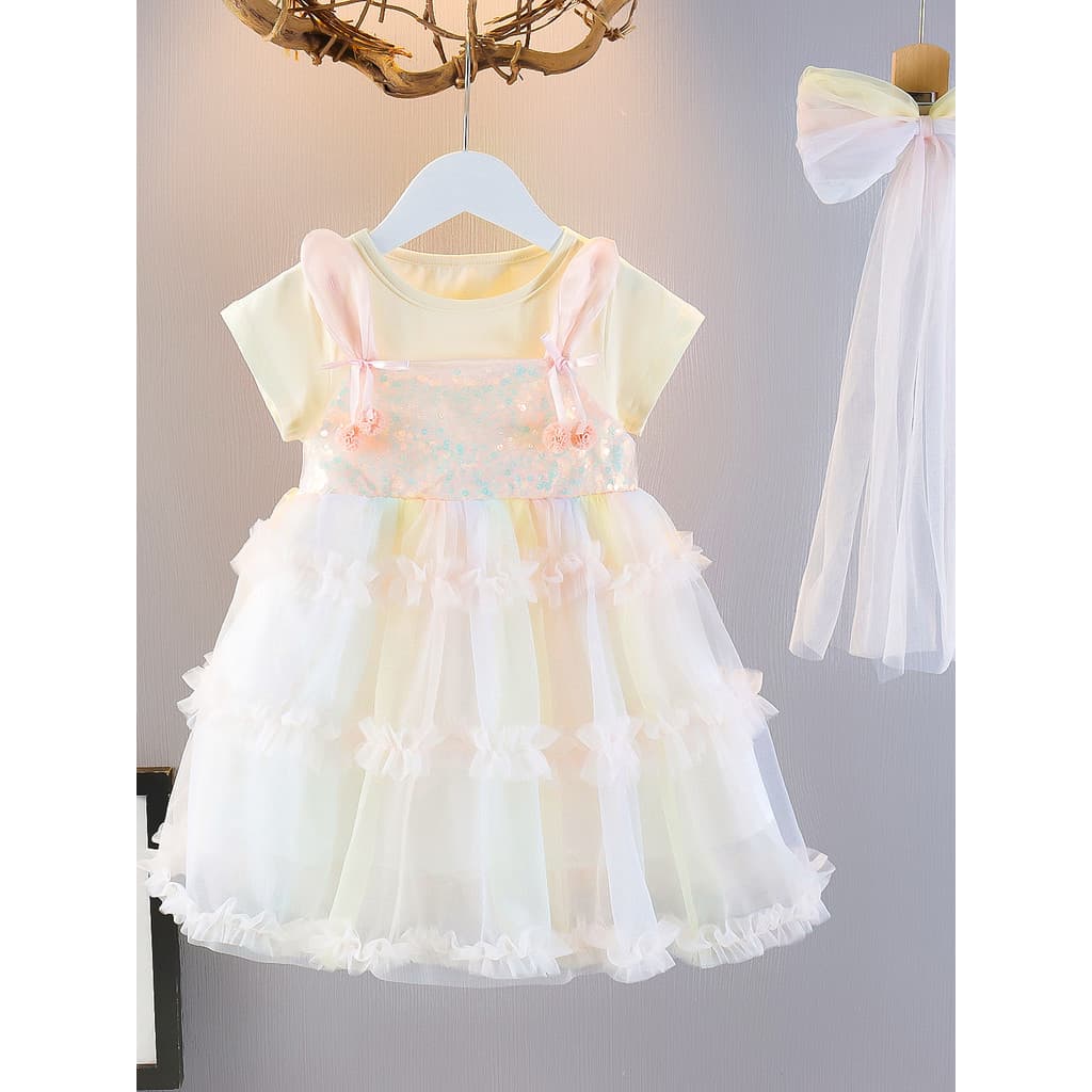Meninas vestido de verão 2026 novo estilo de manga curta gaze vestido de princesa bebê moda falso saia arco-íris de duas