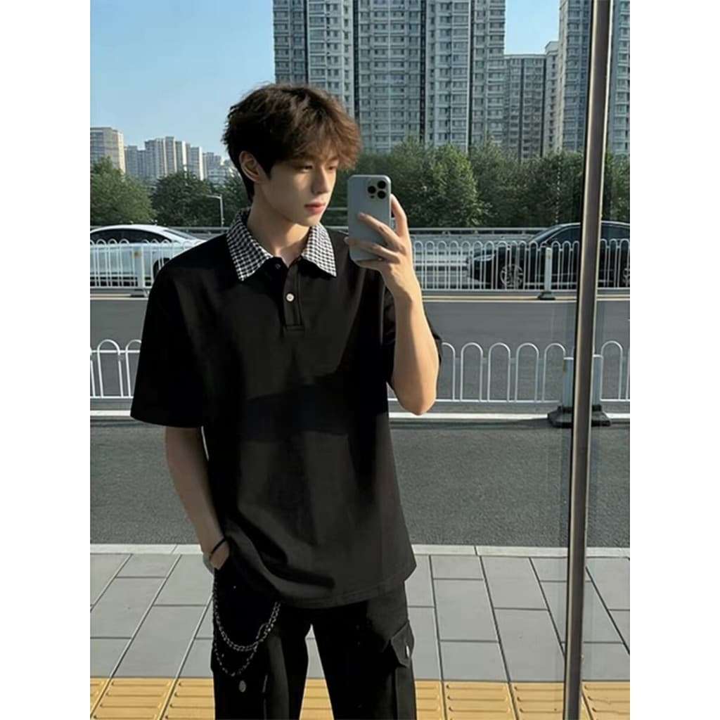 Camisa xadrez de verão gola costura camisa polo de manga curta masculina simples estilo Preppy solto na moda All-Match t