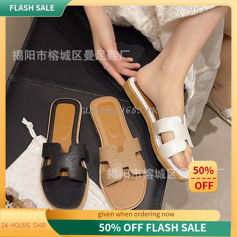 {ESTOQUE PRONTO} H Home Novo Estilo Moda Dedo Quadrado Cor Combinando Verão Flat Outer Wear Chinelos