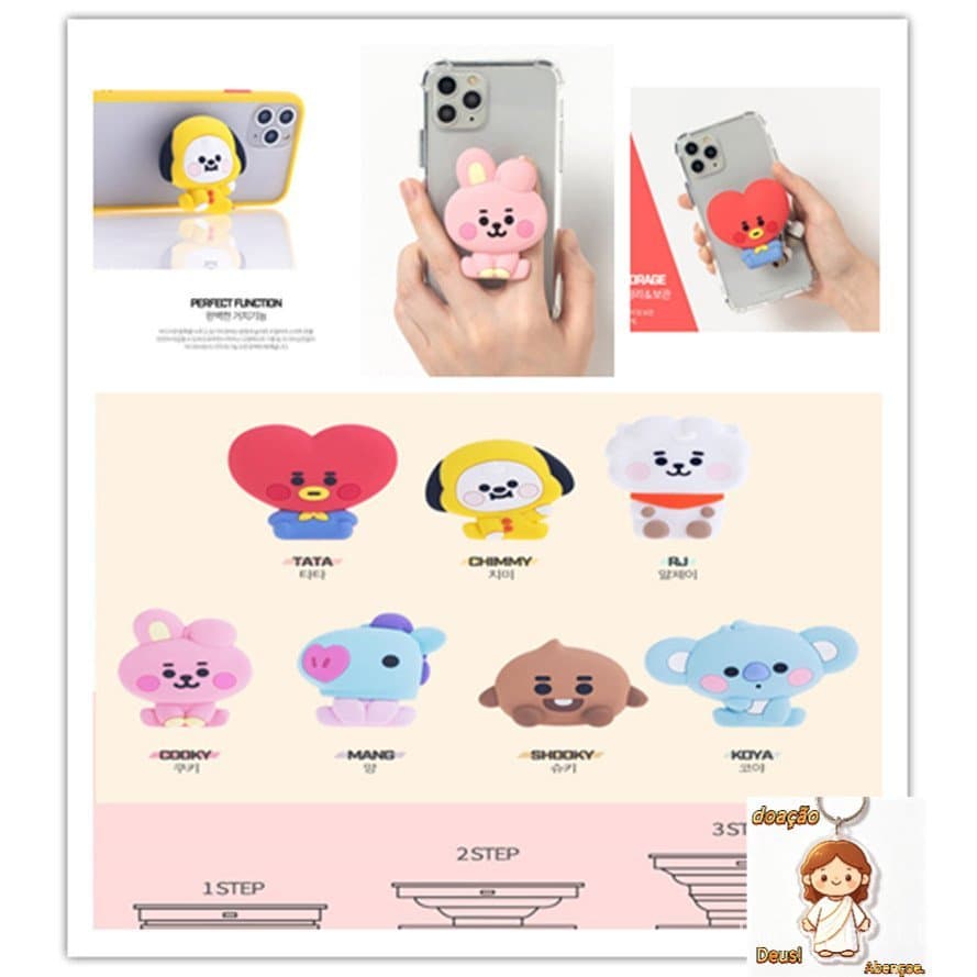 Kpop BTS 3D Suporte De Airbag Redondo Para Telefone Celular , Grip BT21 Cartoon , Telescópico