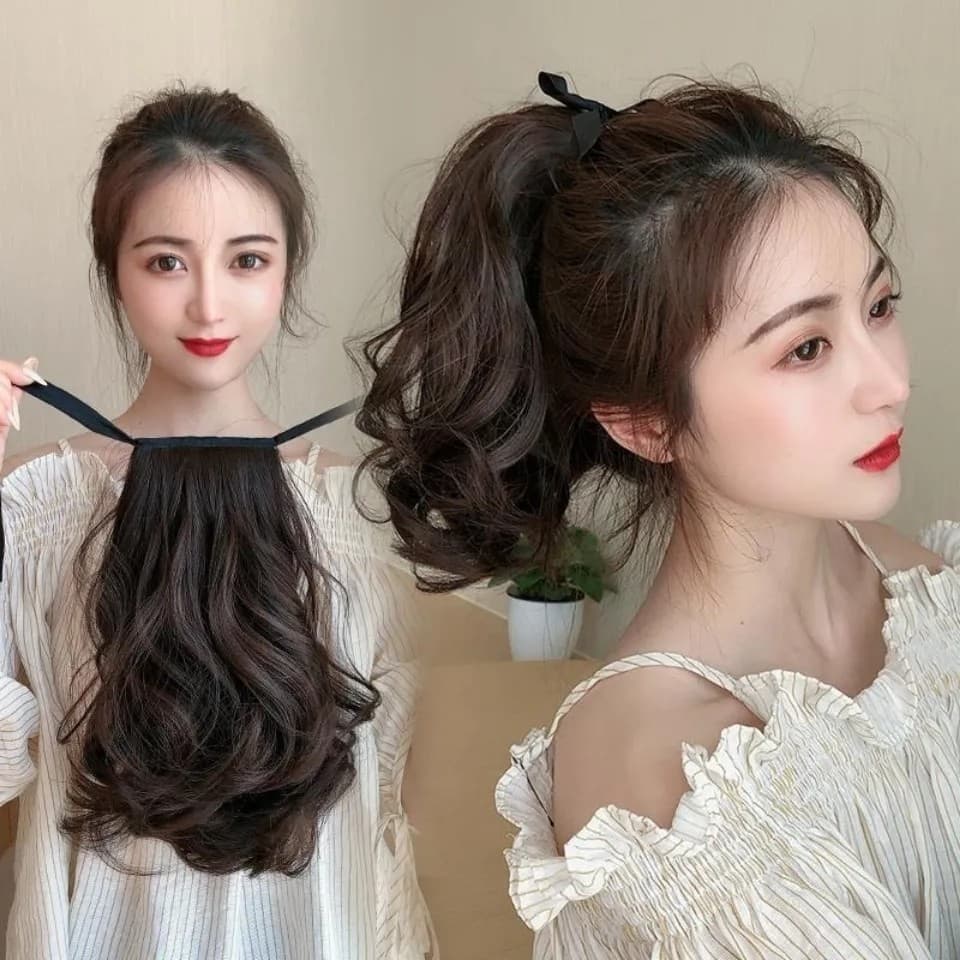 Peruca rabo de cavalo feminino cabelo encaracolado onda grande atado estilo pêra flor rabo de cavalo curto fosco alta te