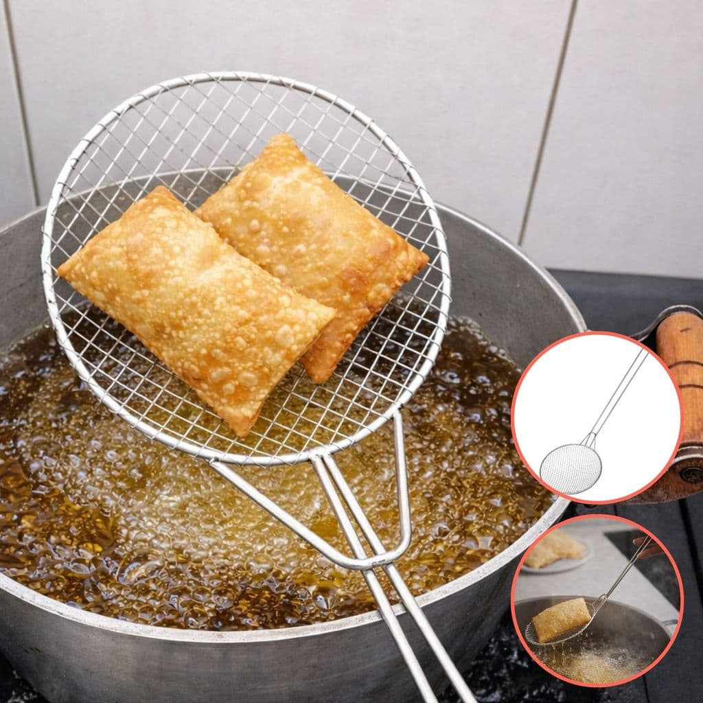 Escumadeira Fritura Pastel Salgado Industrial Premium Aramada Peneira Reforçada Batata Frita