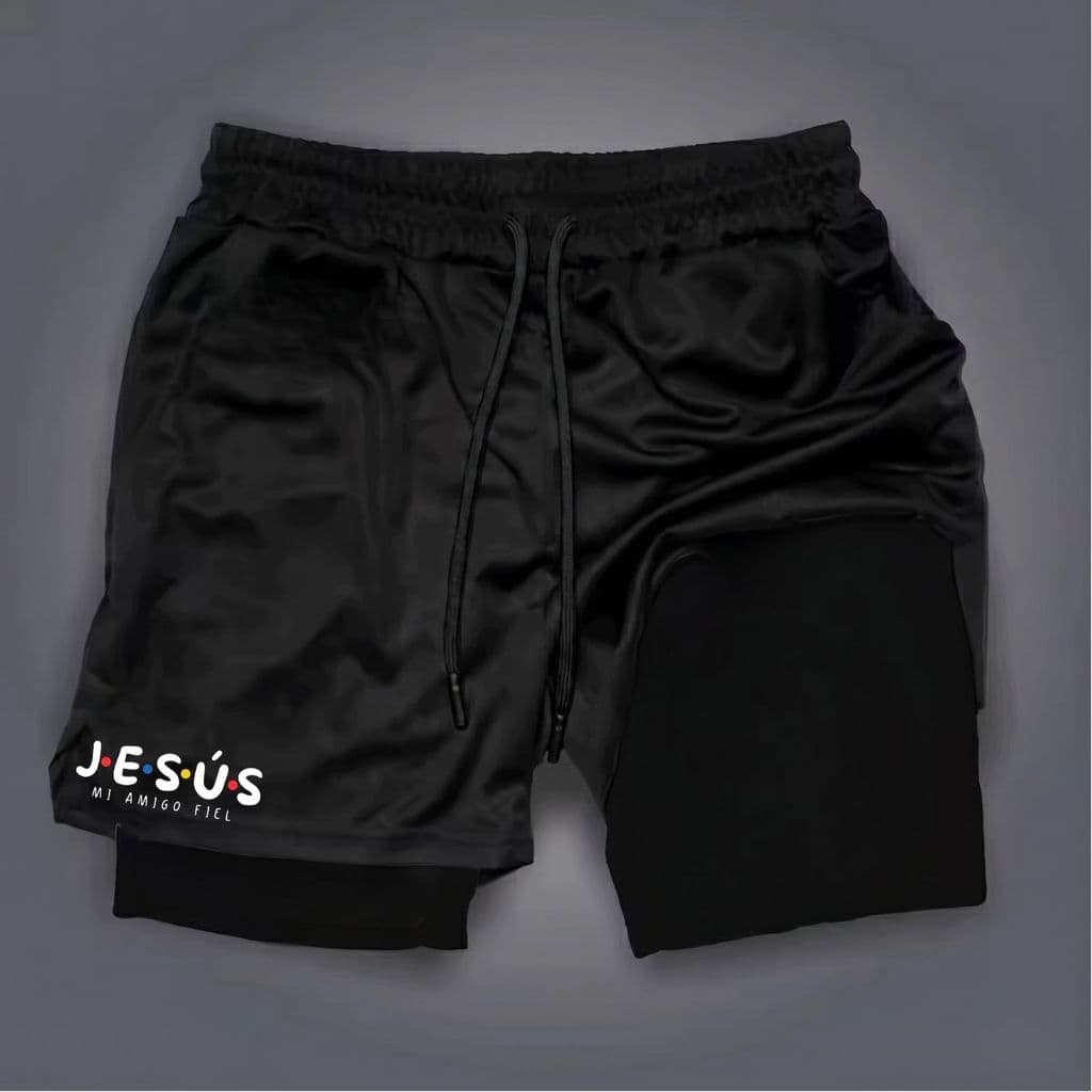 Shorts Bermuda 2 em 1 Estampa Jesus Amigo Fiel Para Academia treino e corrida short compressão dry