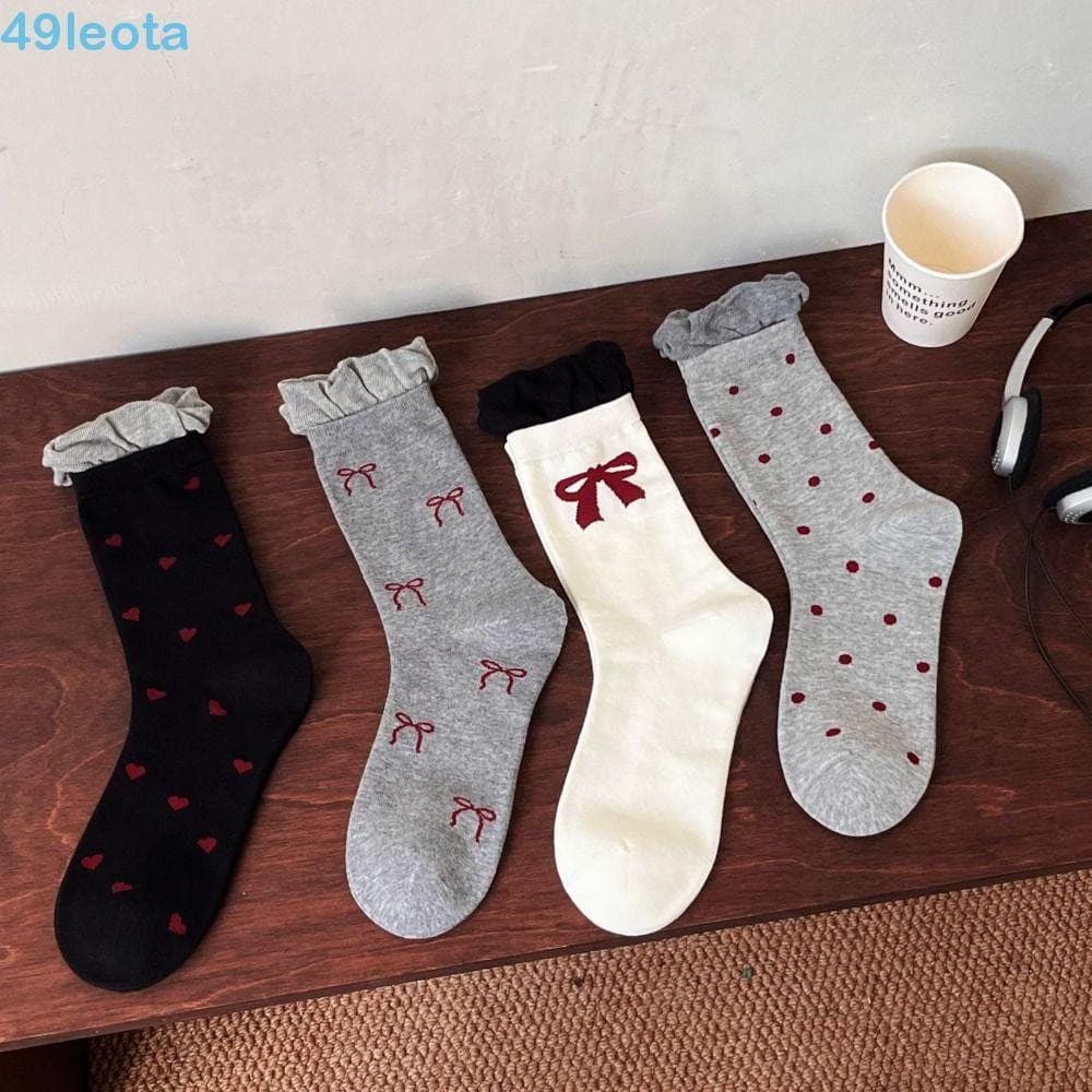 LEOTA 2 Pares De Meias Com Babados E Laço , Tubo Doce Antiderrapantes Kawaii De Coração Estilo Balé Femininas