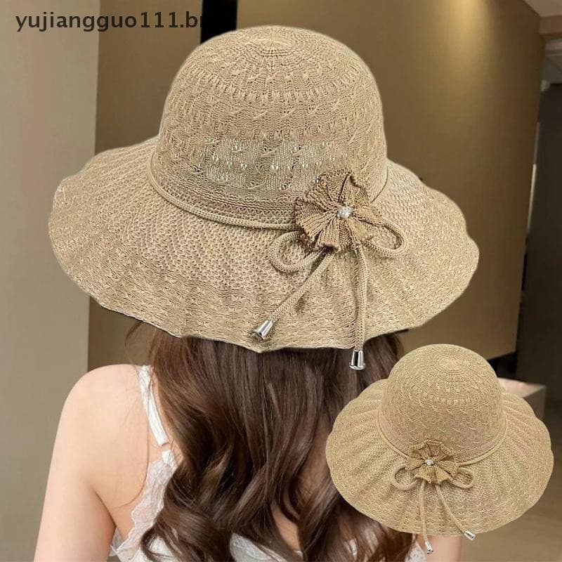 # Novo Chapéu De Palha Com Proteção UV De Aba Larga Moda Casual Respirável Boné De Praia Balde Sol De Verão .