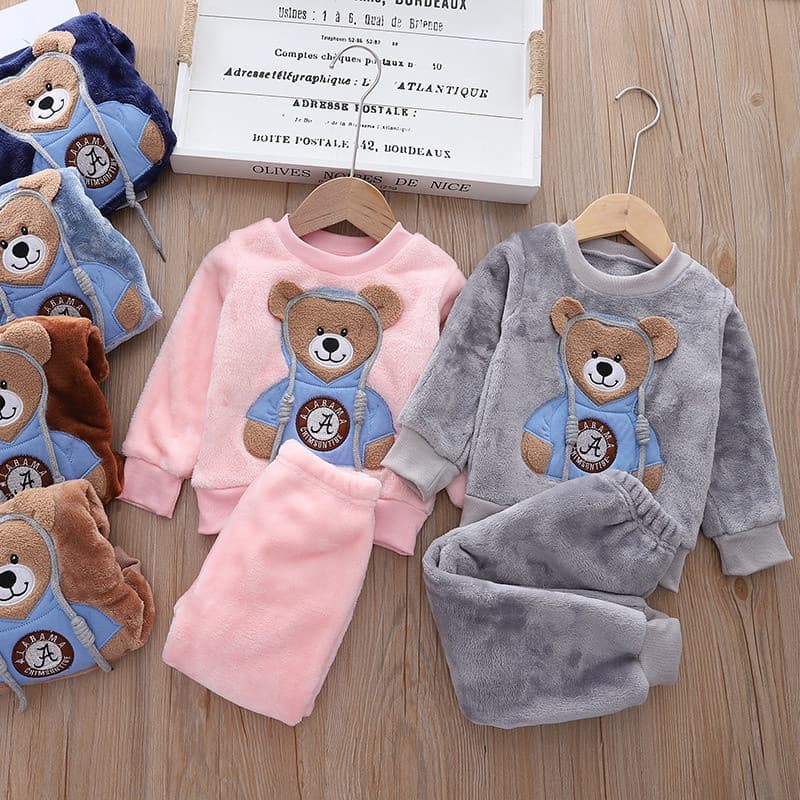 Conjuntos De Pelúcia Espessa De Outono Inverno Baby Boys Cartoon Bear Warm Pullover + Pant 2Pcs Kids Sports Outfits