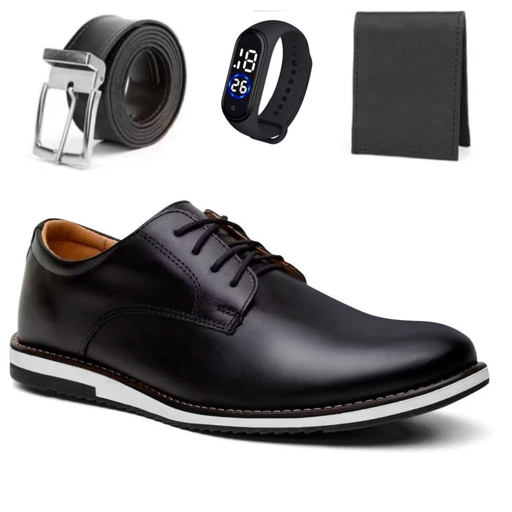 Kit Sapato Social Oxford Masculino Elegante de Couro Macio Confortável + Cinto Carteira e Relogio