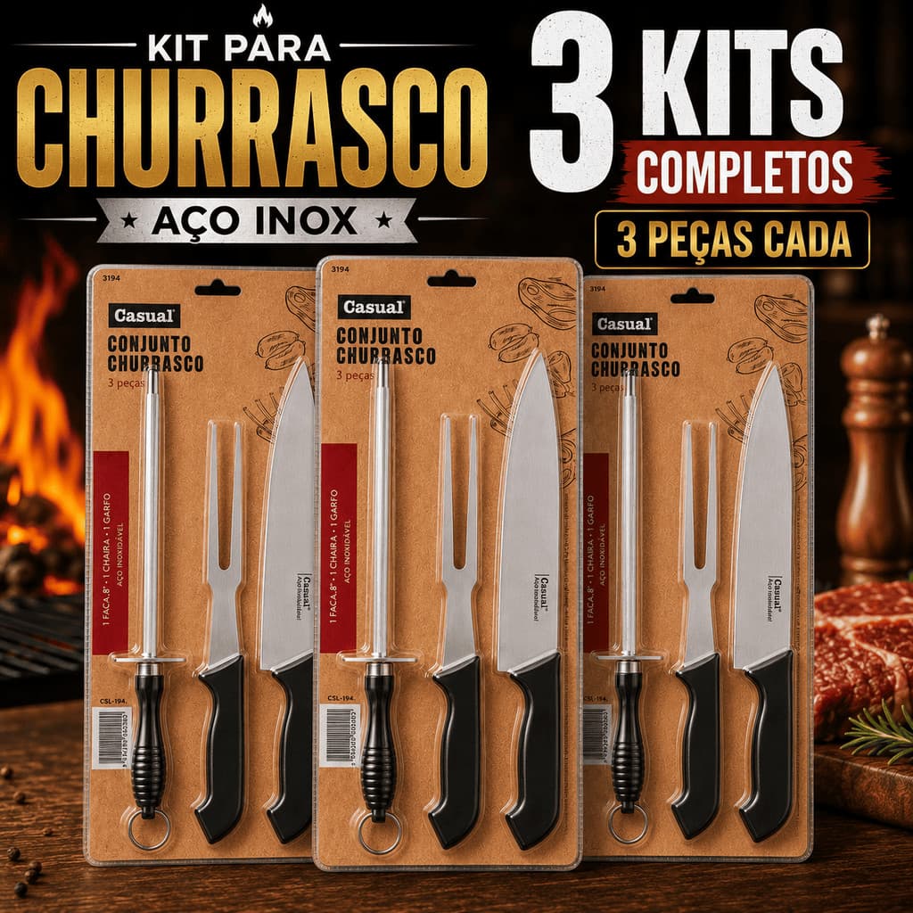 KIT 3 Conjuntos Churrasco 3 Peças Inox Cabo de Plástico Facão Chaira Garfo Trinchante Cozinha Faca Amolador Preto