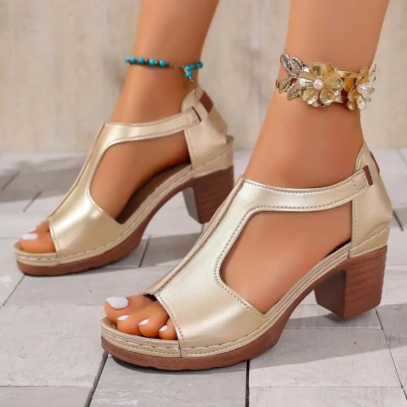 Sandálias Vintage de Salto Alto com Bico Aberto para Mulheres, Verão 2026, Douradas, Elegantes, Leves, Estilo Gladiador,