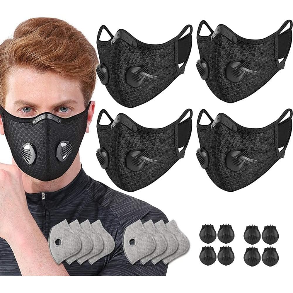 NBDIB Pacote com 4 Protetores Faciais Ajustáveis e Reutilizáveis com 8 Filtros de Carbono e 8 Válvulas para Ciclismo Esp