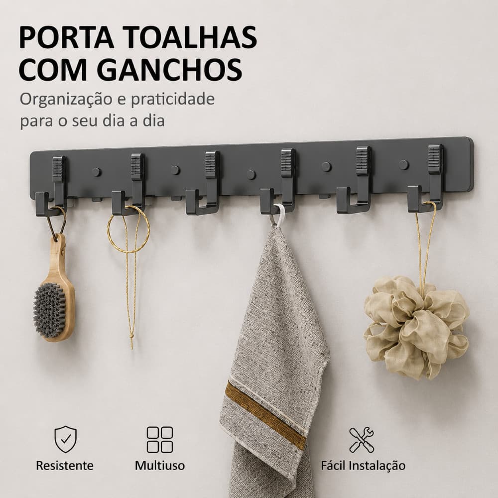 Suporte de Parede Multiuso 6 Ganchos Autoadesivo ou com Parafusos Organizador de Chaves Toalhas e Utensílios
