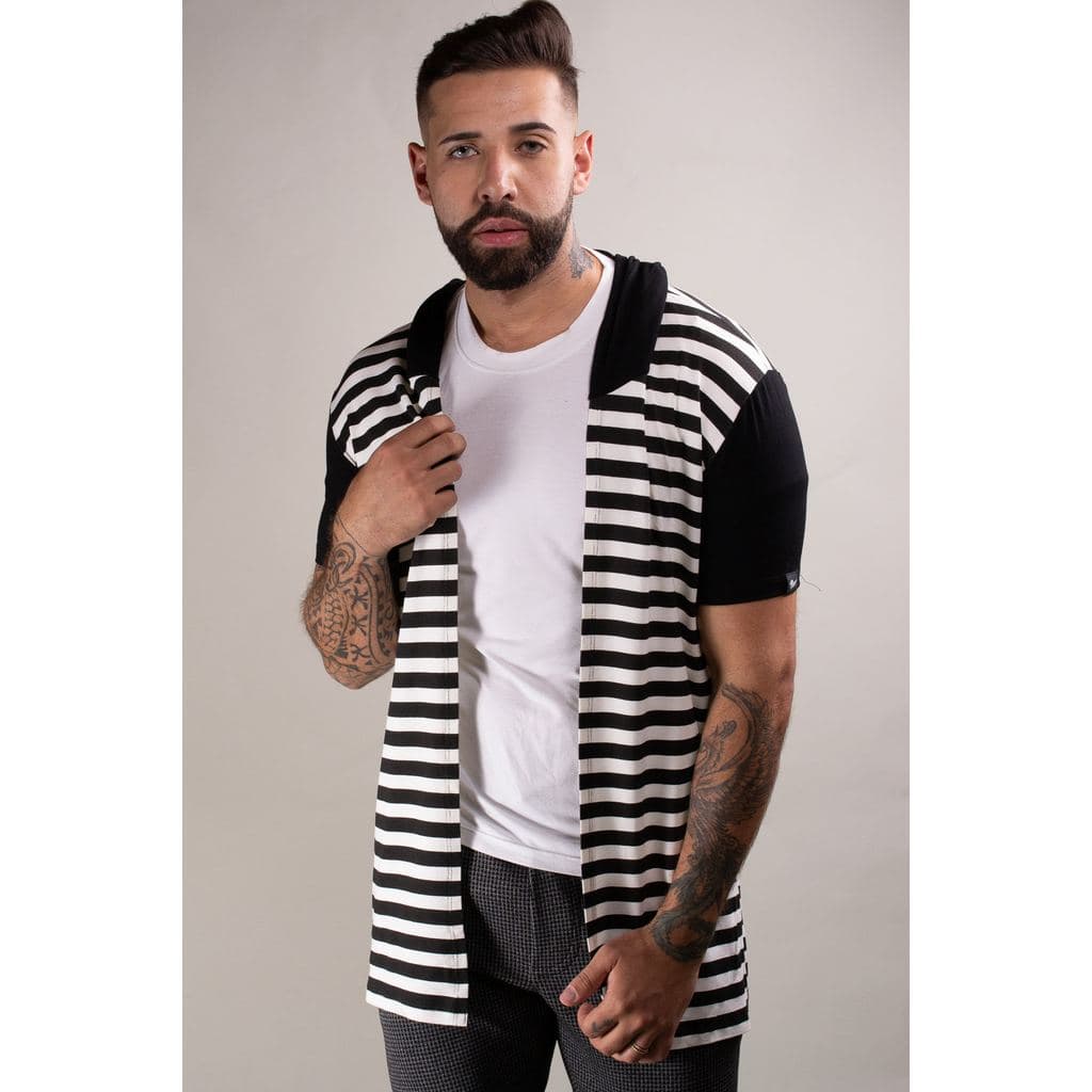 Cardigan Masculino Listrado Manga Curta Moda Masculina Inverno Casual Confortável