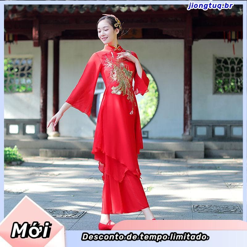 Dança clássica antigo Chiffon estilo fada elegante dança cintura fã dança trompete manga estilo étnico Yangko dança quad