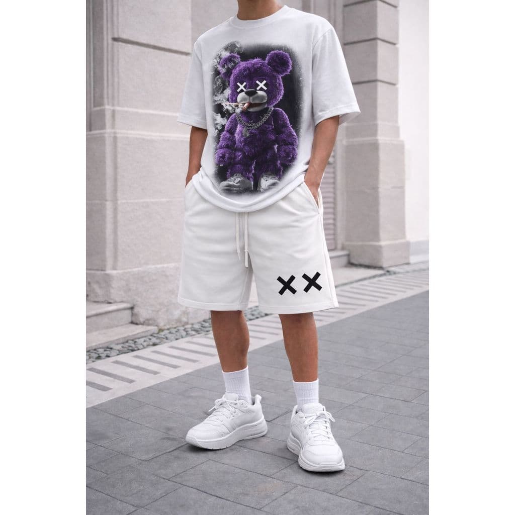 Conjunto Masculino Streetwear Camiseta Estampada Ursinho + Short Moletom Casual Premium