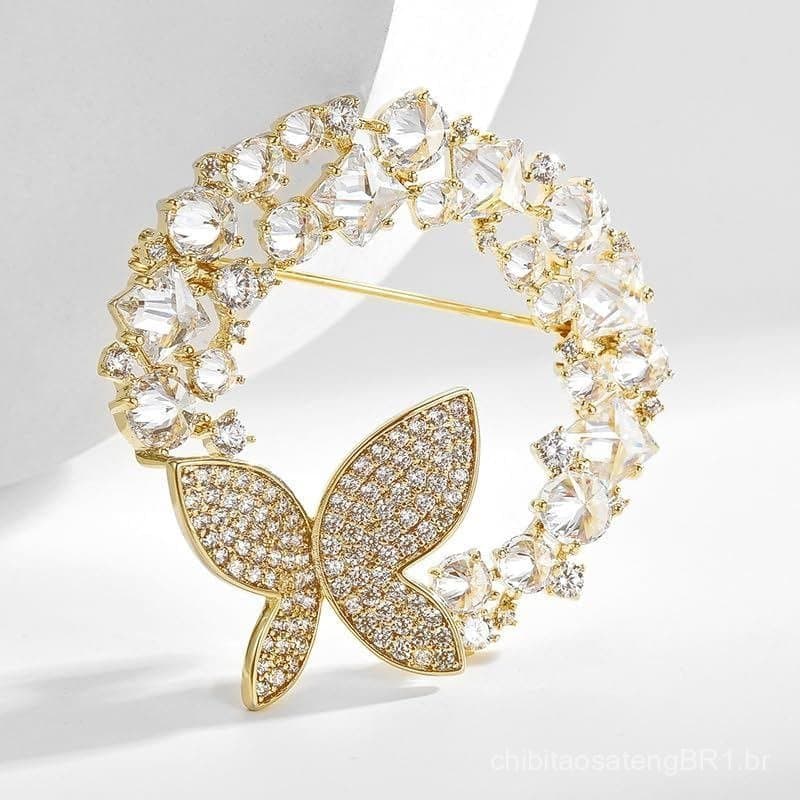 Broche de Borboleta Grande em Ouro 14K com Cristais, Design Circular Adornado com Pérola Natural, Alfinete Luxuoso e Ele