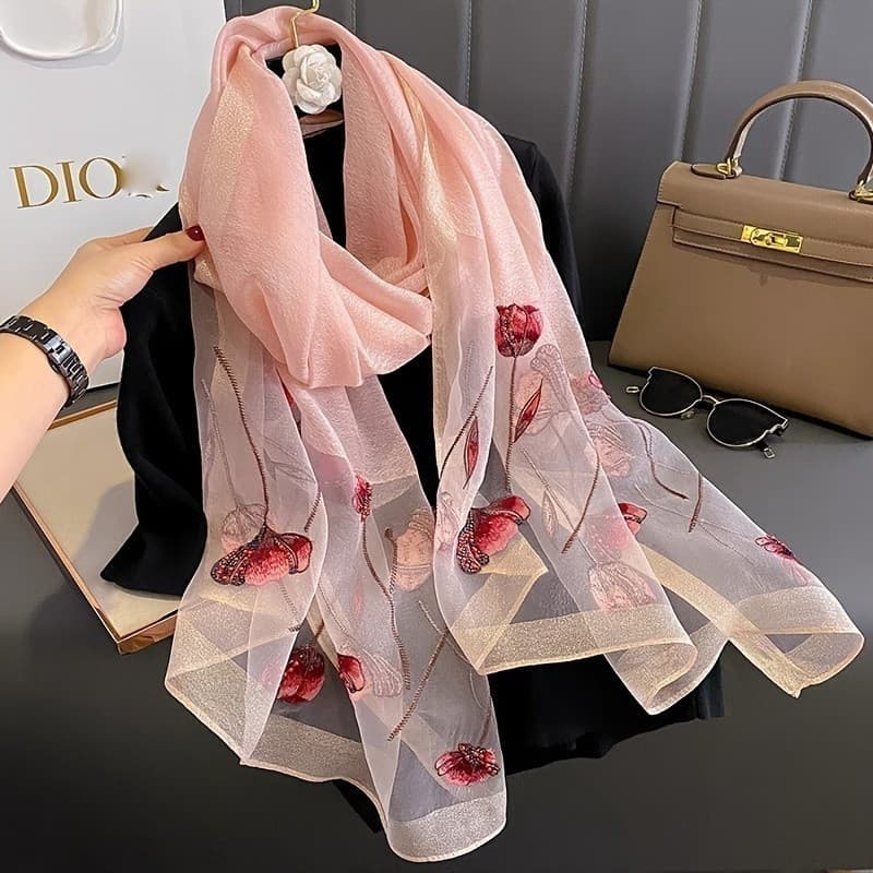 Cachecol Luxuoso de Mistura de Seda e Lã com Design Floral Bordado - Perfeito para Eventos Noturnos ------     L6O9
