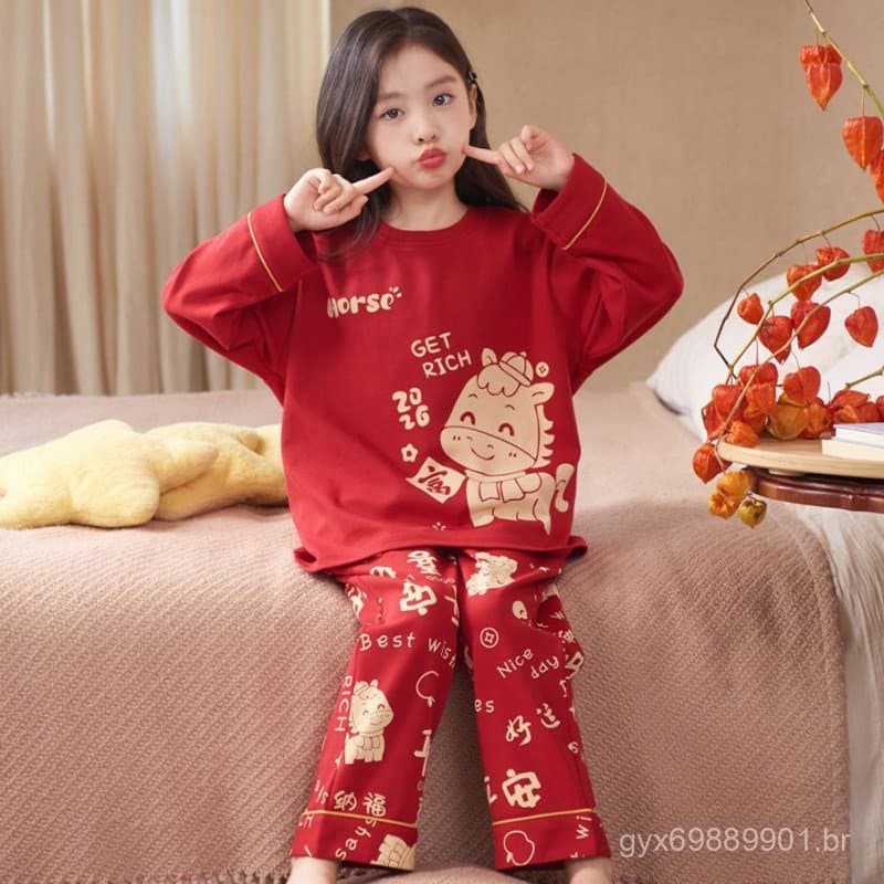 Pijamas infantis para meninas, primavera outono, algodão puro, vermelho, crianças, Ano do Cavalo 2026, Benming, 12 anos,