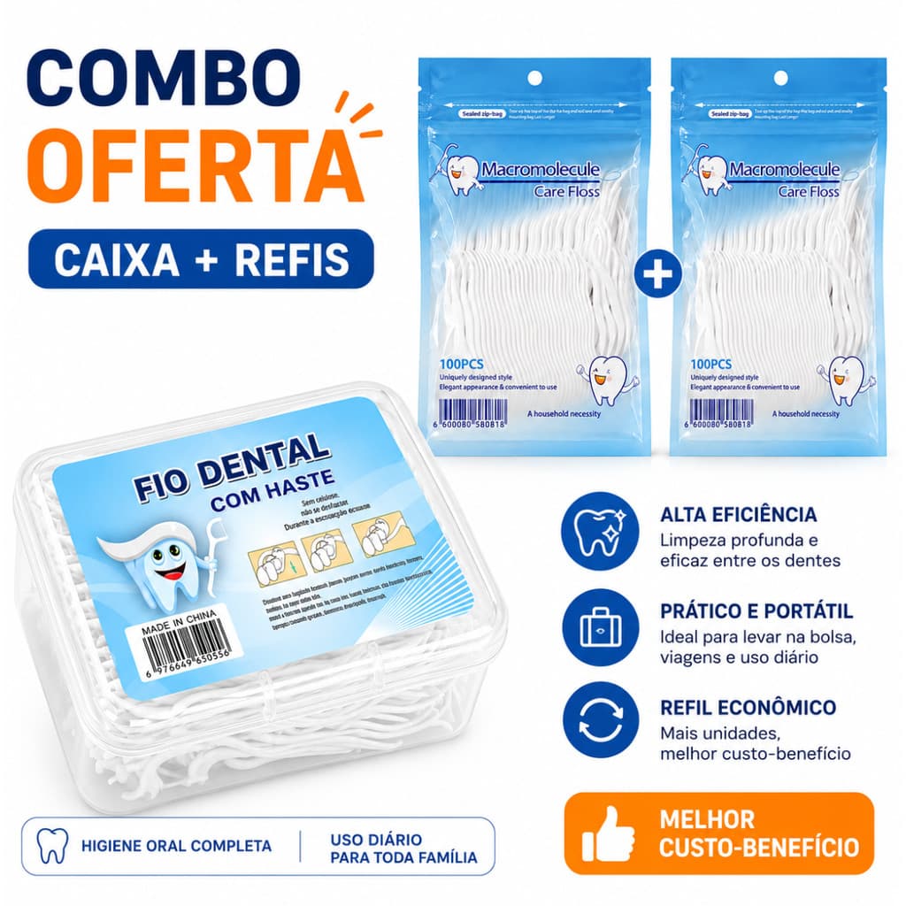 Kit Fio Dental com Haste Estojo + Refil Econômico Reutilizável Portátil 100 200 300 400 Unidades