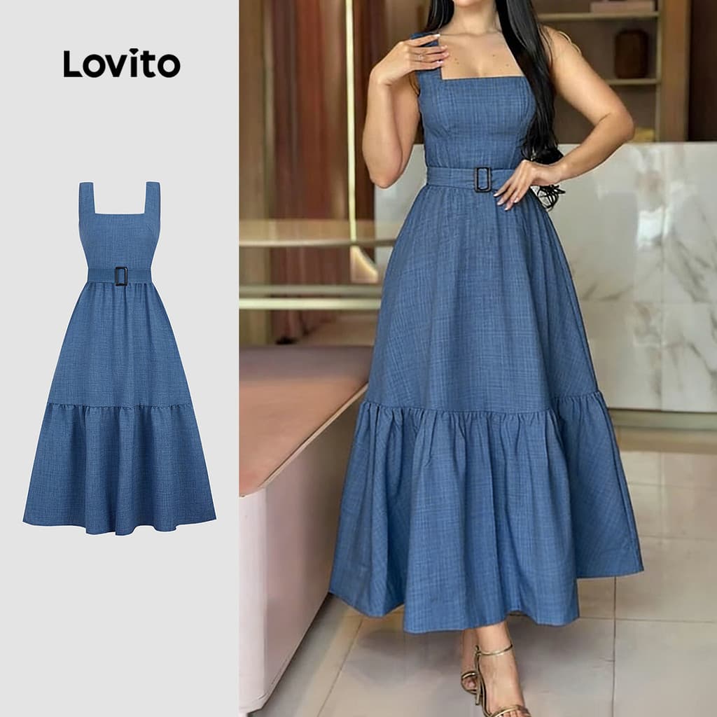Lovito Vestido Casual com Zíper e Cinto Barra com Babado Vestido Azul Primavera/verão para mulheres L34LD096