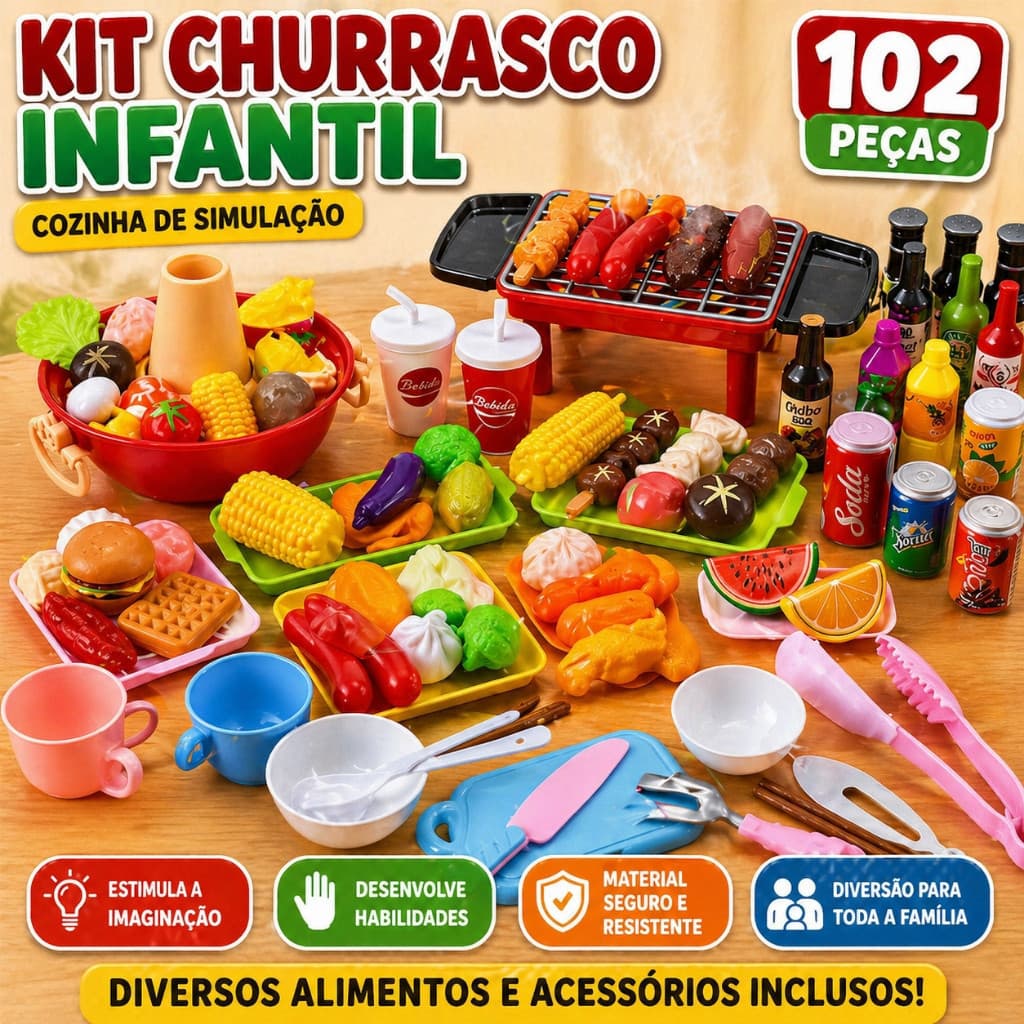 Conjunto de brinquedos de churrasco infantil com 102 peças, com churrasqueira, ferramentas educativas de cozinha simulad
